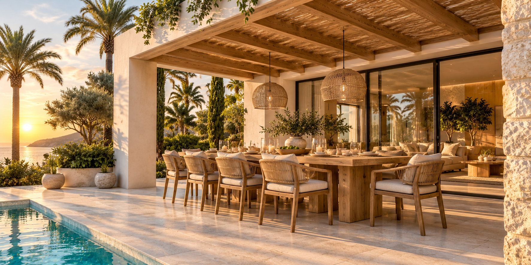 Luxury Mediterranean pergola and outdoor dining terrace